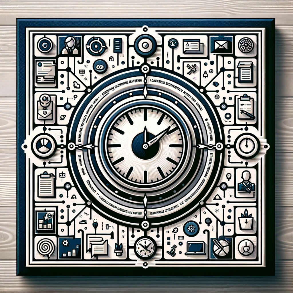 une horloge centrale, symbolisant la gestion du temps, entourée d'icônes représentant diverses tâches et activités entrepreneuriales, telles que des réunions, des brainstormings, des plans, etc. Elle illustre visuellement le contenu de l'article sur l'organisation du temps pour les entrepreneurs.